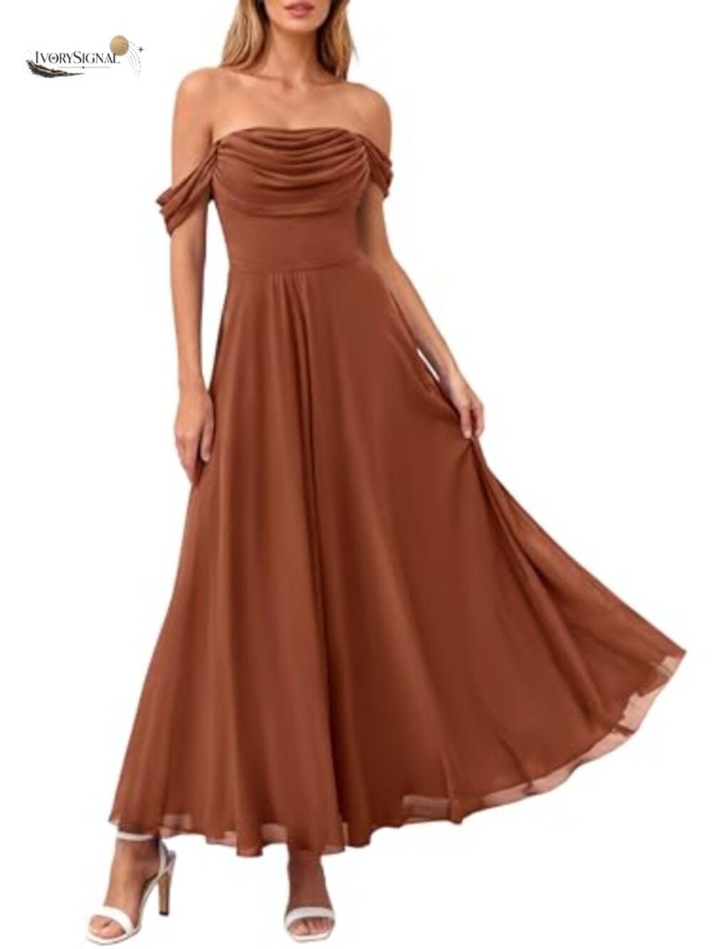 Off Shoulder Mesh Maxi Dress Stretchy Knit A Line